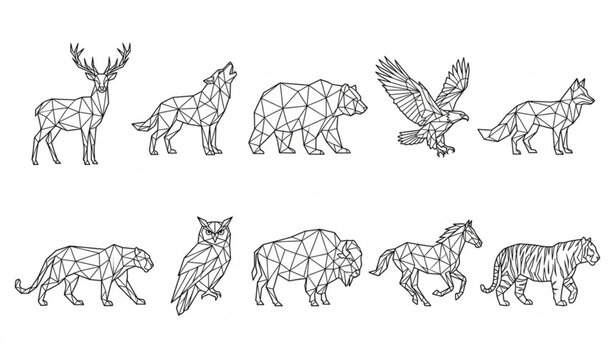Geometric low poly animal thin line icons vector set with abstract polygonal technical outline designs