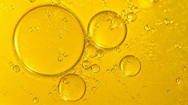Close up of yellow oil bubbles and small emulsions floating in a yellow liquid.