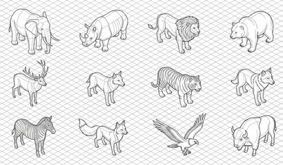 Isometric wild animals vector icon set with 3D technical line art design for modern web and app graphics © Rajib
