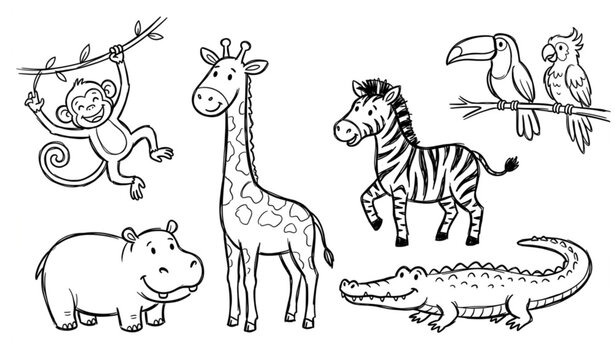 Hand-drawn safari animals doodle icon vector collection with playful outline sketches for children book