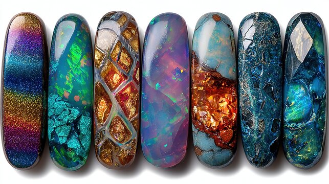 Set of opals with vibrant color patterns and polished surfaces, isolated on white, cut out 