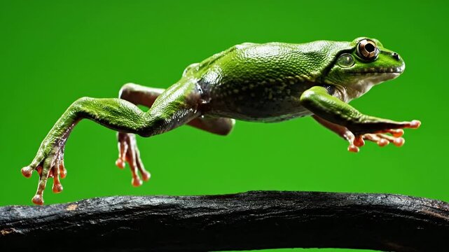 Green tree frog jumping from branch isolated on green screen chroma key background, amphibian leap