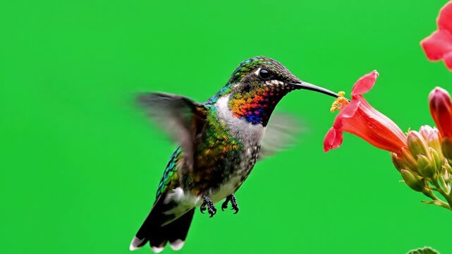 Hummingbird hovering and feeding on red flower isolated on green screen chroma key background nectar