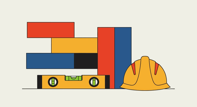 Colorful illustration of construction tools and blocks.