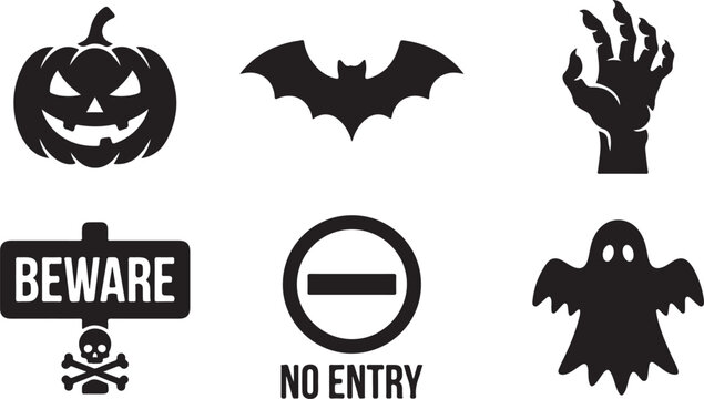 Set of black vector graphic icons featuring halloween symbols like pumpkins bats zombie hands ghosts and warning signs for design
