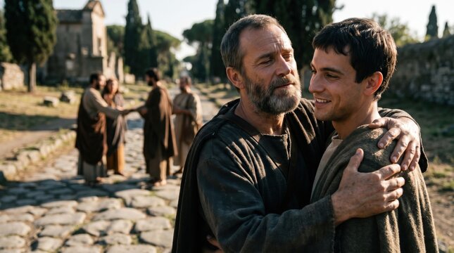 Saint Paul the apostle embracing a christian brother on the road to Rome. Biblical reenactment scene in ancient italy setting. Historical gathering of believers from Acts chapter 28.