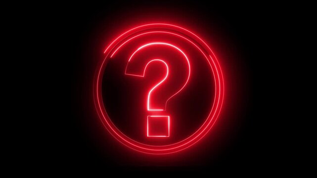 Glowing neon red color question mark sign icon animation quiz confusion mark punctuation interrogative sign education exam circle alphabet sign symbol on black background