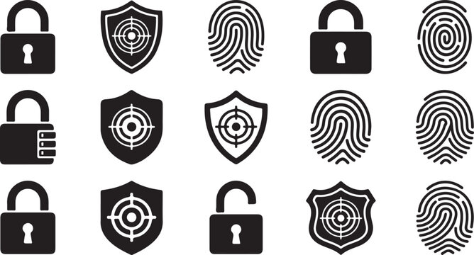 Black and white vector graphic illustration featuring a collection of various digital security icons including locks shields and fingerprint patterns