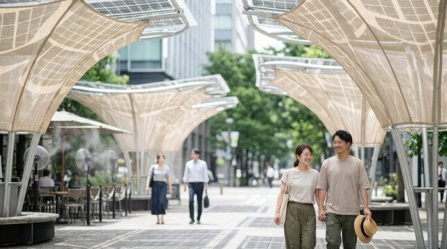 Urban Cooling: Residents walking beneath climate-adaptive shade structures
