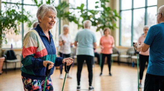 Active Aging: Senior fitness participant exercising at recreation center

