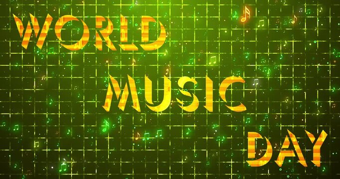 Gold World Music Day animation with musical notes background in 4K. Dynamic music-themed motion graphics for advertisements, nightclubs, DJs, and party visuals.Easy to put into any video.
