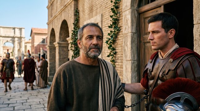 Apostle Paul standing with a Roman soldier in ancient Rome. Biblical scene showing a prisoner chained to a guard. Historical drama reenacting Acts 28 from the New Testament Bible.