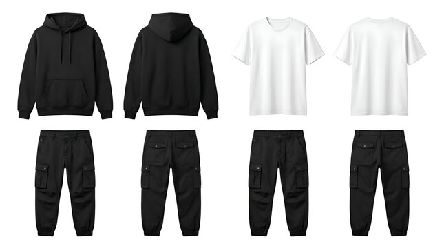 Streetwear apparel mockup set featuring blank black hoodie white t-shirt and cargo pants front and back view vector