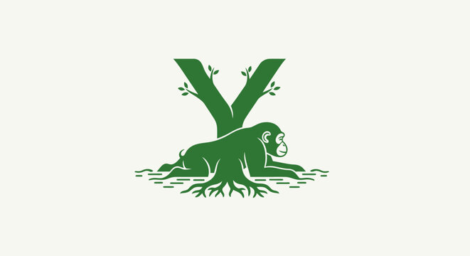 Green Gorilla Illustration with Tree Roots and Leaves.