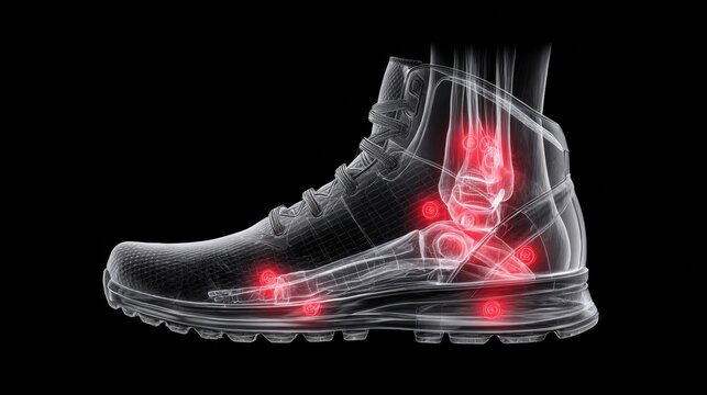 Foot anatomy with highlighted pain points inside a shoe