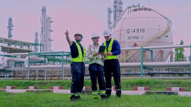 Industry workers collaborate on safety protocols at chemical plant outdoor environment action shots