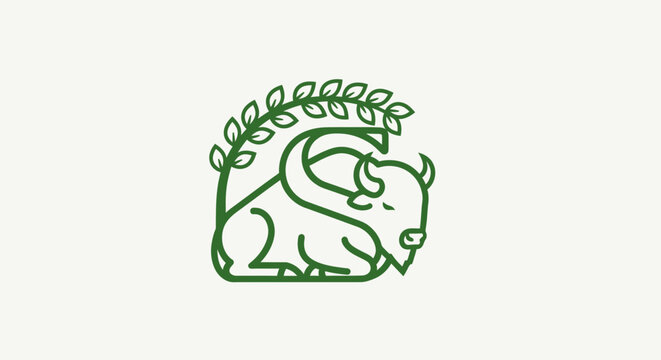 Green Line Art of a Ram Head with Curved Horns.