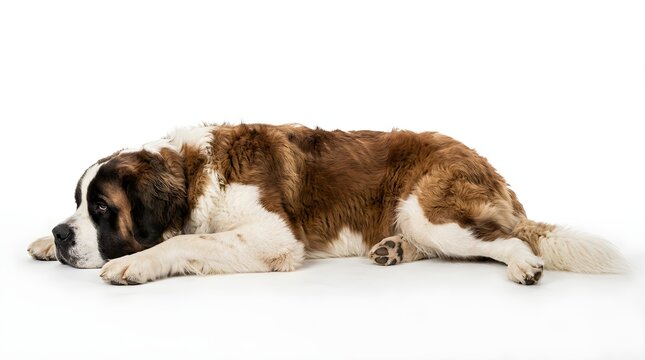 Sleeping st bernard dog on white