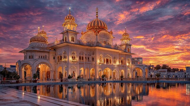 Sikh gurdwara with golden domes and ornate architecture, glowing under the sky