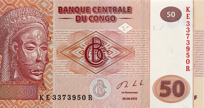 Congolese money 50 francs with image of Tshokwe female mask Mwana Pwo