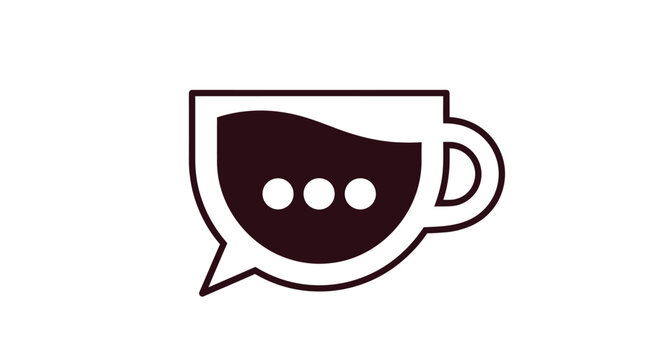 A line art coffee cup with a speech bubble.