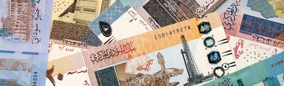 Sudanese pound money bills in pile on table. Sudan SDG currency cash close up