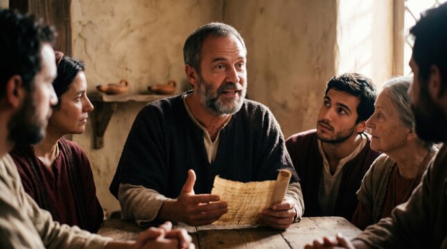 Apostle Paul preaching in Rome to a group of believers. Religious scene showing a mature man reading an ancient scroll to attentive listeners inside an old stone building house.