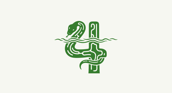 Green Snake Wrapped Around Medical Staff Symbol.