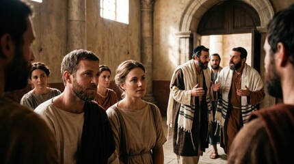 Obraz premium Biblical scene with apostle Paul preaching to crowd in Rome. Group of man and woman listening to religious teaching in ancient building. Historical reenactment of Acts 28 scripture.