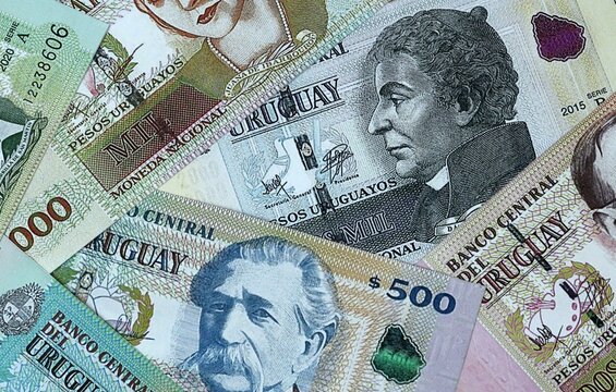Uruguayan peso money bills in pile. Big amount of Uruguay UYU currency cash close up