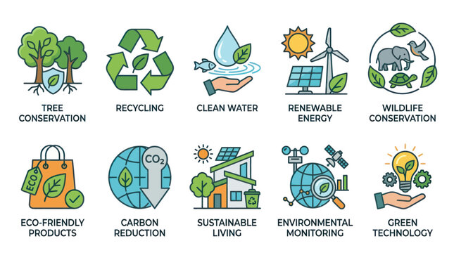 Vector icons for environmental sustainability and clean technology.