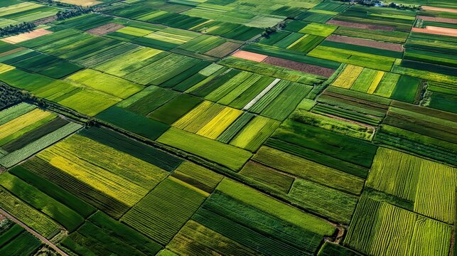 Vast patchwork of green and yellow agricultural fields from an aerial perspective during a sunny growing season afternoon showcasing diverse crop cultivation