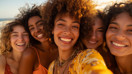 Obraz premium Friends celebrate National Smile Day with joyful smiles on their faces at sunset