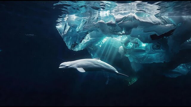 rare albino white beluga whale swimming underneath ancient blue arctic iceberg perfect for World Whale and Dolphin Day