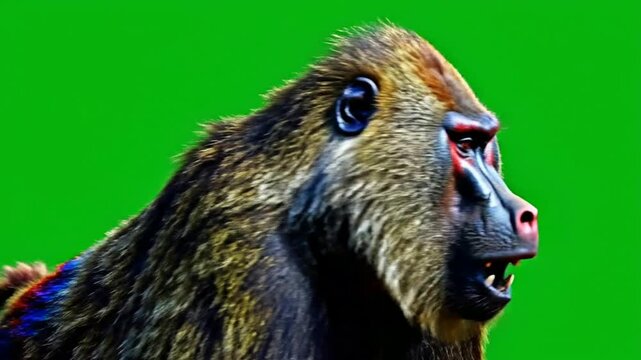 Aggressive mandrill monkey roaring isolated on green screen for easy compositing primate