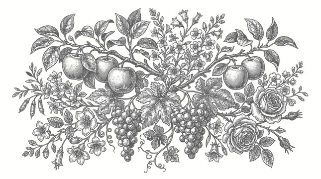 Vintage botanical border with apples grapes and flowers