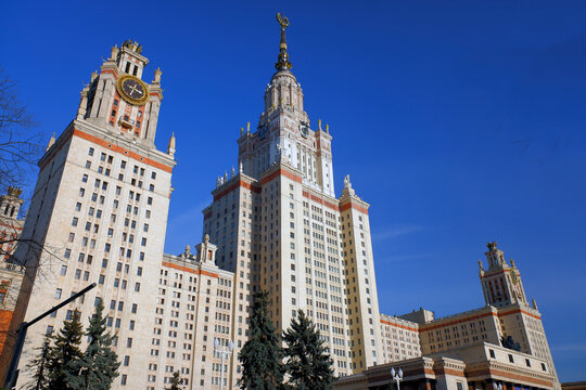 Main building of Lomonosov Moscow State University in Vorobyovy Gory, Russia. Sunny spring day