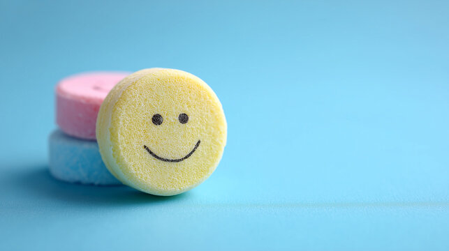 Celebrating National Smile Day with colorful smiley face candies on blue background