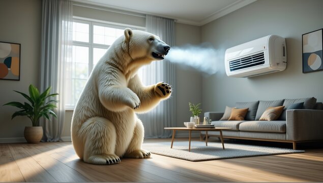 A polar bear stands upright in a modern living room, exhaling icy mist toward a wall-mounted air conditioner, blending wildlife with domestic life in a playful, surreal climate concept.