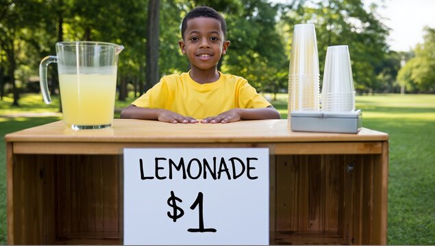 An African American boy stands proudly behind a wooden lemonade stand priced at one dollar, surrounded by green trees in a sunny park, conveying childhood entrepreneurship and independence.