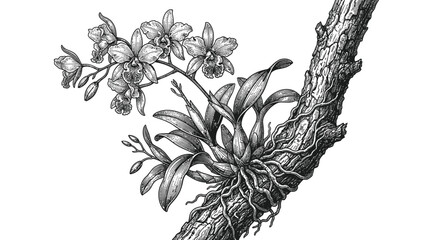 Vintage orchid engraving growing on a textured tree trunk © ahmad