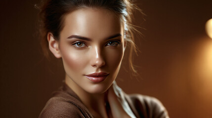 Fototapeta premium elegant woman with luminous healthy skin in warm amber light, luxury skincare beauty portrait with radiant natural glow, sophisticated cosmetics advertising featuring glowing flawless skin