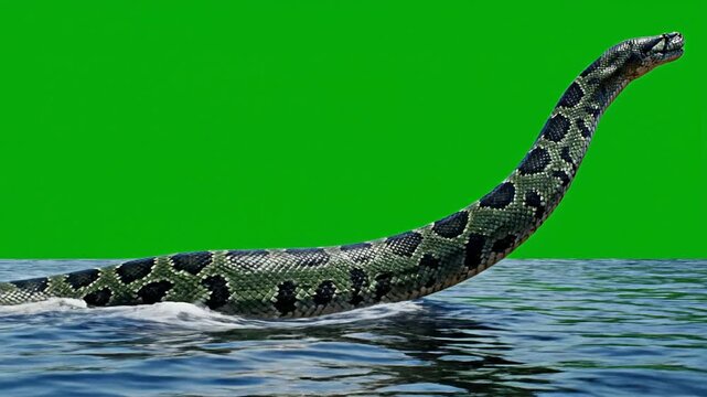 Green anaconda snake swimming in water with green screen background, for easy compositing, reptile