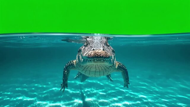 Alligator swimming underwater footage featuring a split level view with green screen background for professional wildlife motion video production