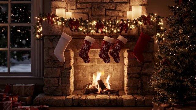 Cozy Christmas fireplace stockings warm glow festive holiday spirit fire scene lights