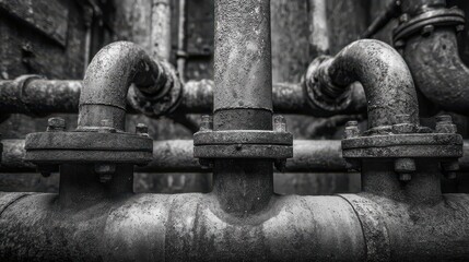Fototapeta premium Rusted and corroded metal pipes connect in a complex industrial network, displaying signs of age and neglect within an abandoned factory environment