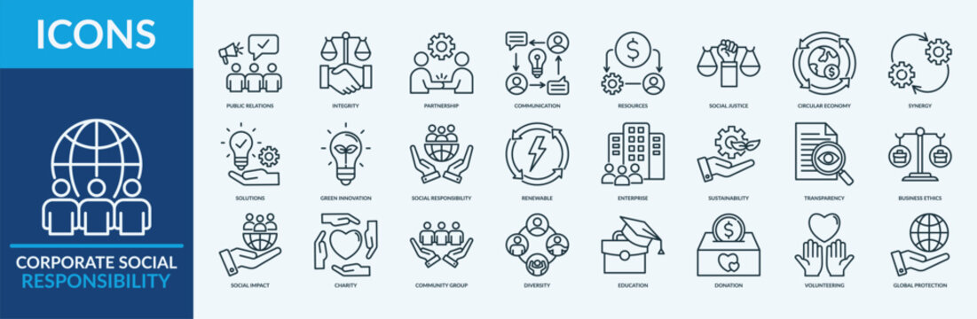 Corporate Social Responsibility icon set vector illustration. Containing icon of management, organization, social impact and more. Outline icon symbol collection
