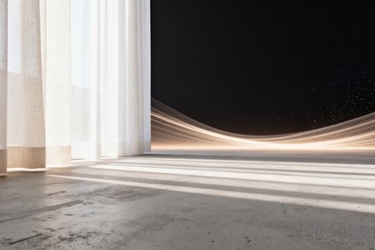 Modern Interior Background with Sheer Curtains and Light Trails