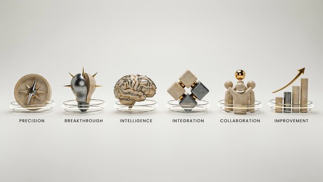 Minimal business strategy icons representing precision innovation leadership collaboration and growth