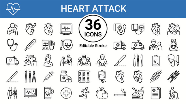 Heart Attack Medical Icon Set | 36 Line Art Healthcare Symbols Grid | Editable Stroke ECG, Heart Monitoring & Emergency Vector Collection